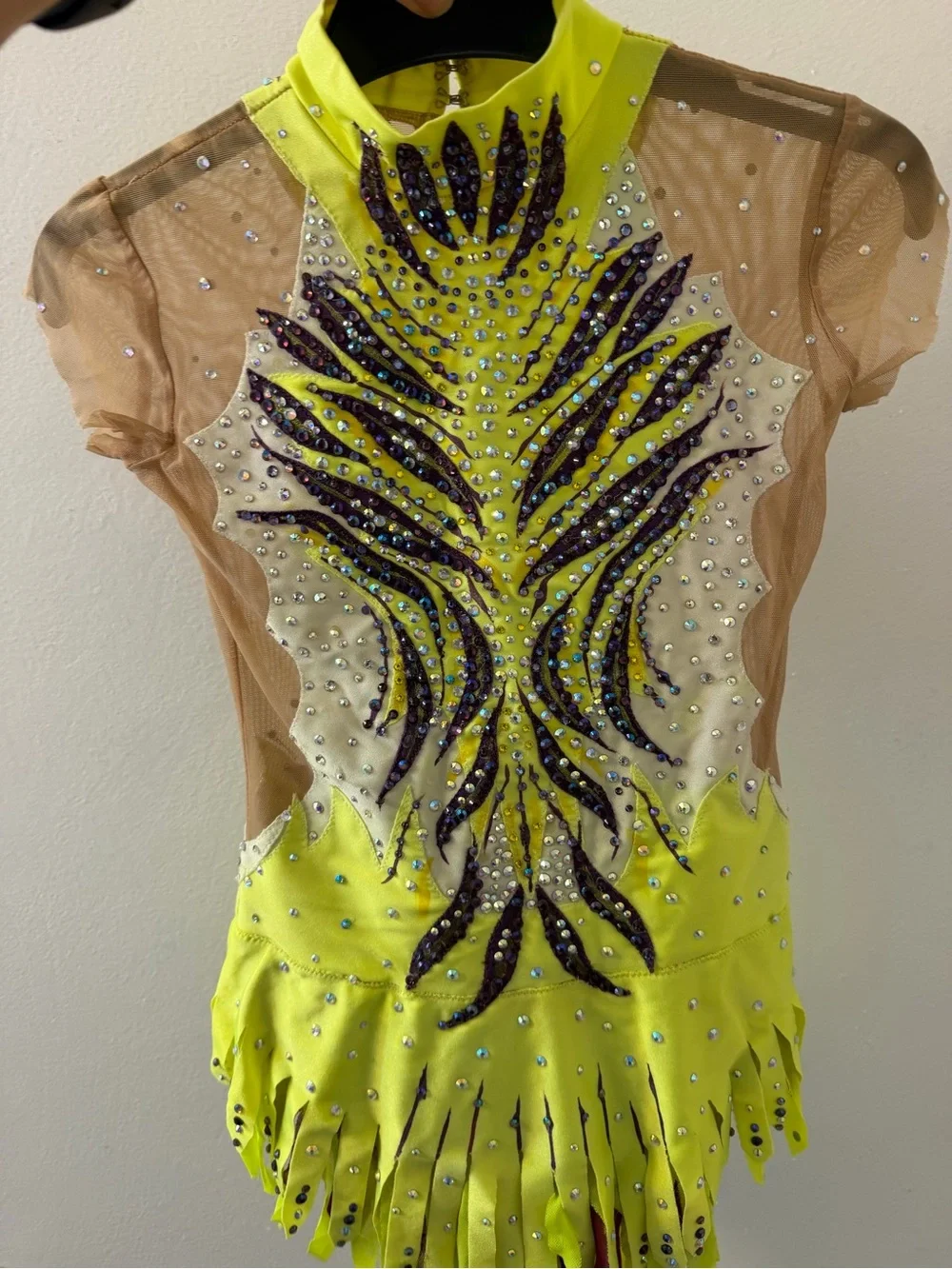 Custom Hand Painted Rhythmic Gymnastic Costume Neon Lime Purple Rhinestone CM CL